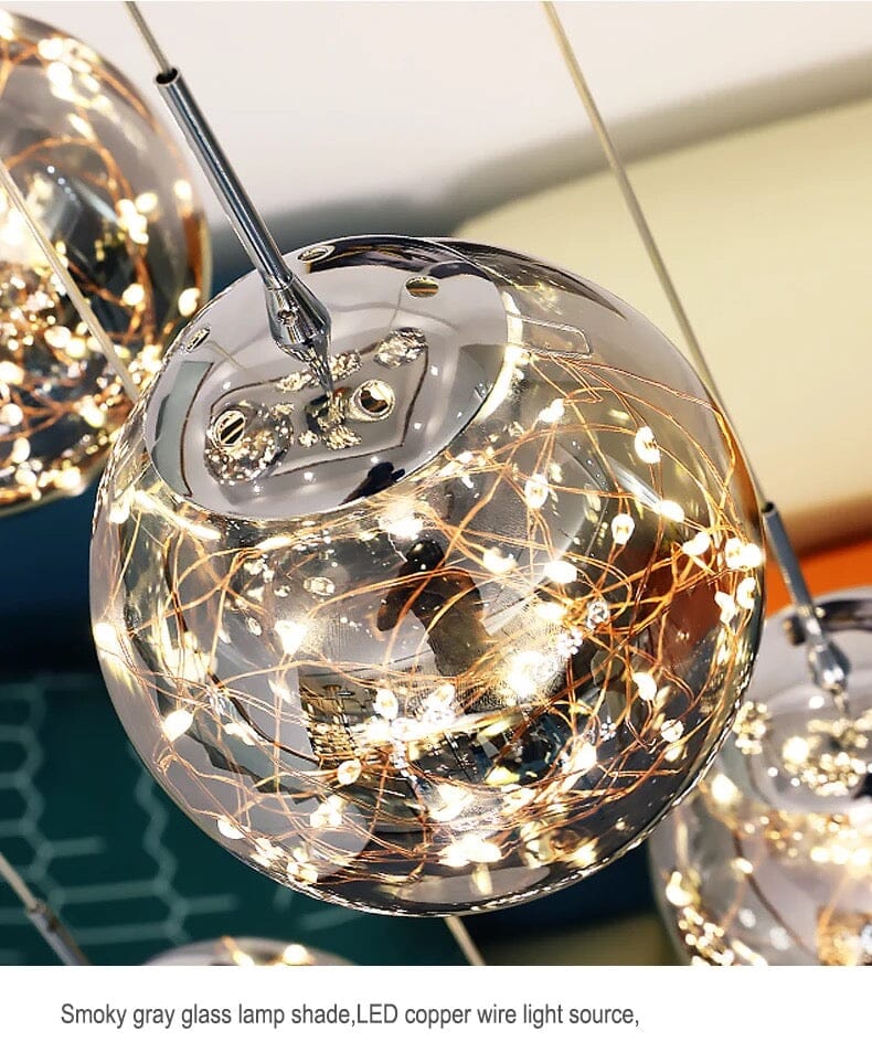 Glass Orb Staircase Chandelier, Brushed Stainless Frame, Cascading LED Design