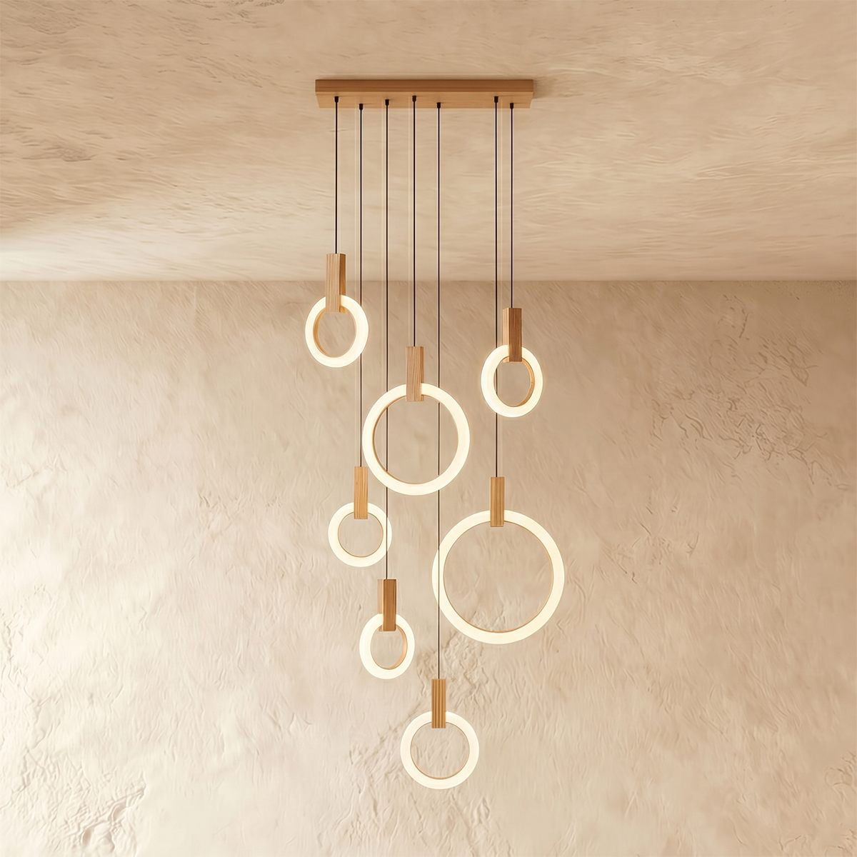 Aurora Loop Chandelier With Acrylic Ring Heads And Wooden Base