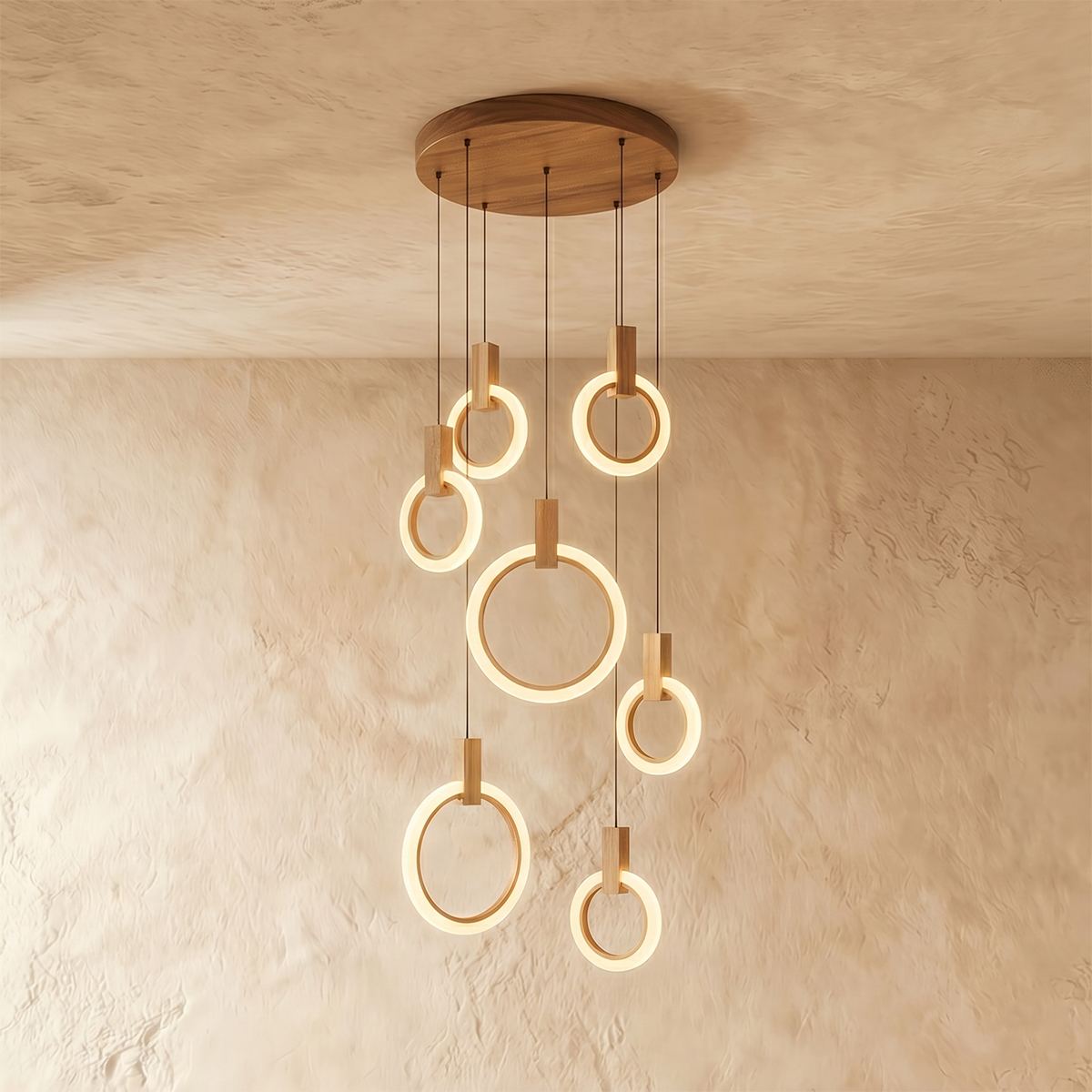 Aurora Loop Chandelier With Acrylic Ring Heads And Wooden Base