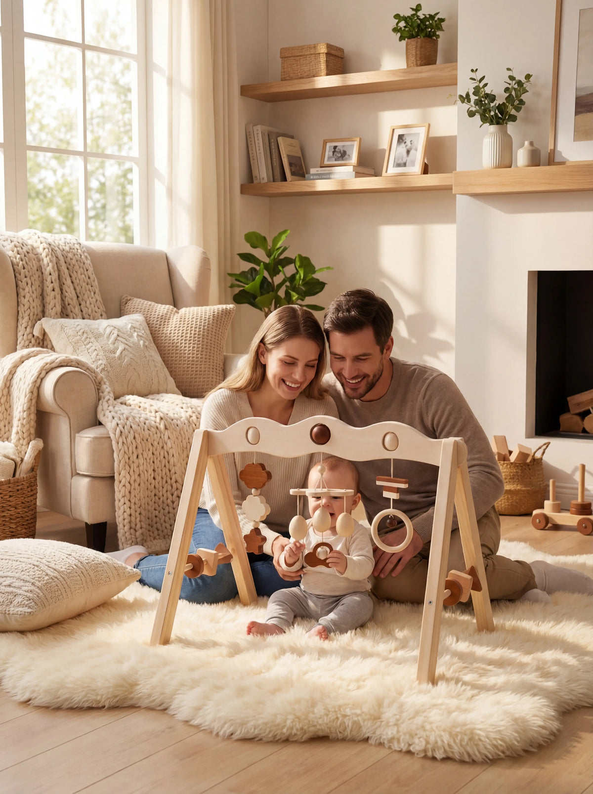 Aktivitetsbue i naturligt træ – sanselegetøj og babygym til babyer og småbørn | Fioriscas