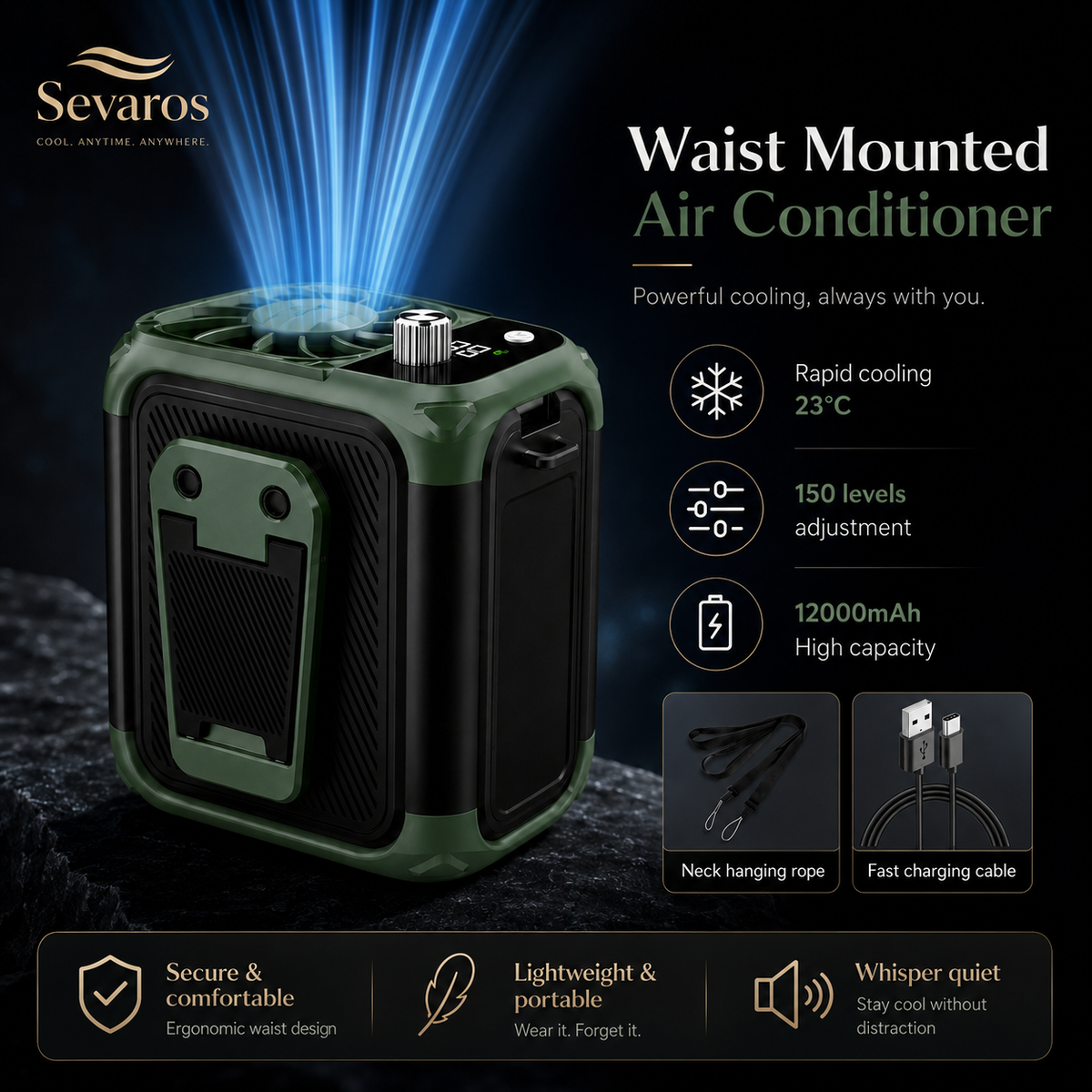 Ventilator fără palete HeatShield pentru talie și gât, reîncărcabil USB, cu clemă pentru curea, purtabil, baterie externă, LED | Fioriscas