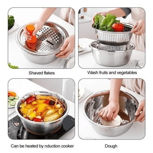 Ensemble de bassines en acier inoxydable fabriquées en Allemagne, trio de cuisine polyvalent | Fioriscas