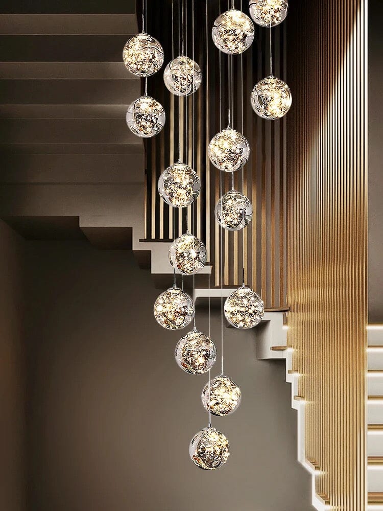 Glass Orb Staircase Chandelier, Brushed Stainless Frame, Cascading LED Design