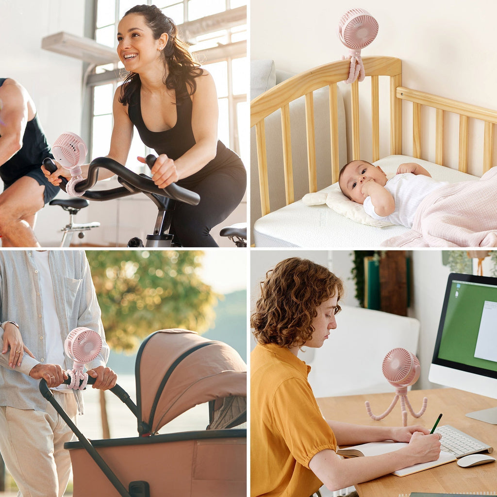 FlexGrip klemmeventilator til barnevogn, USB-genopladelig, fleksibelt stativbeslag
