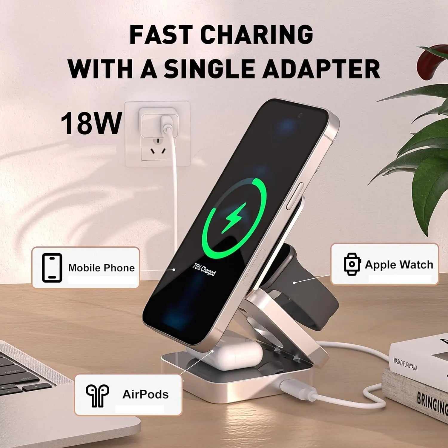 3-in-1 Magnetic Wireless Charging Stand for iPhone, AirPods, and Apple Watch