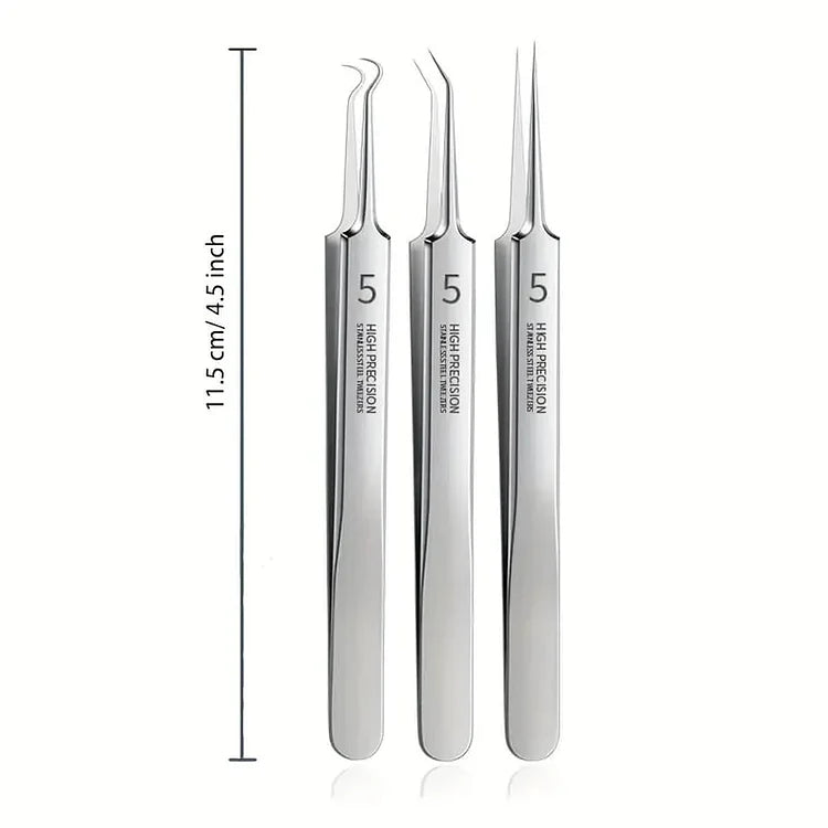 Aurella 3-Piece Stainless Steel Blackhead Tweezer Set, Boxed