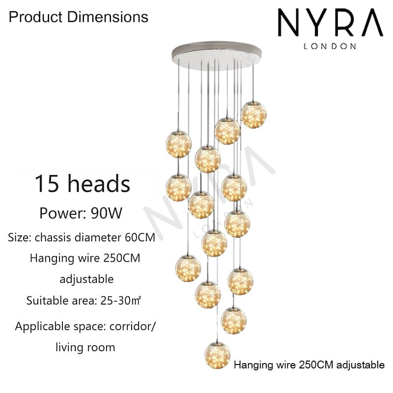 Glass Orb Staircase Chandelier, Brushed Stainless Frame, Cascading LED Design