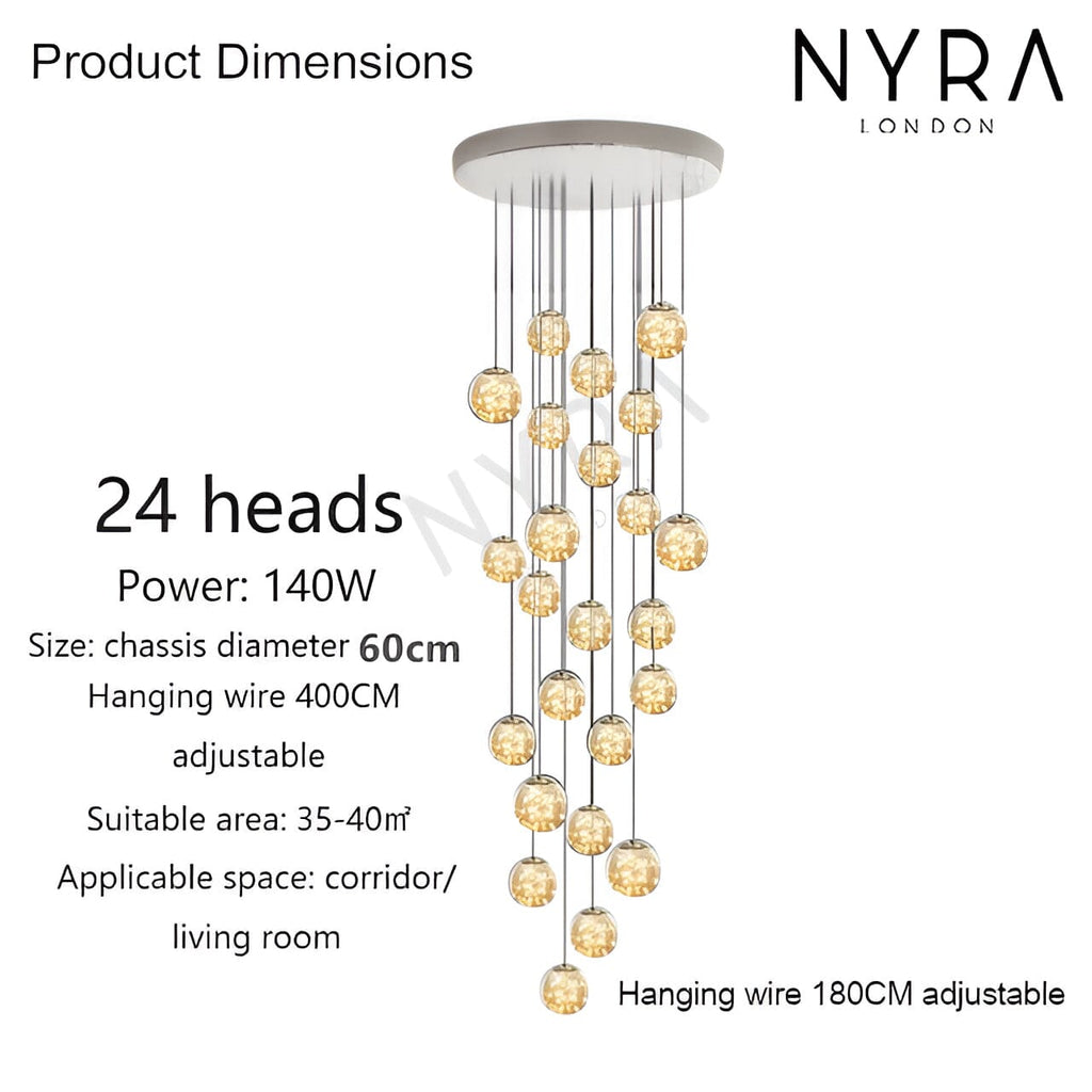 Glass Orb Staircase Chandelier, Brushed Stainless Frame, Cascading LED Design