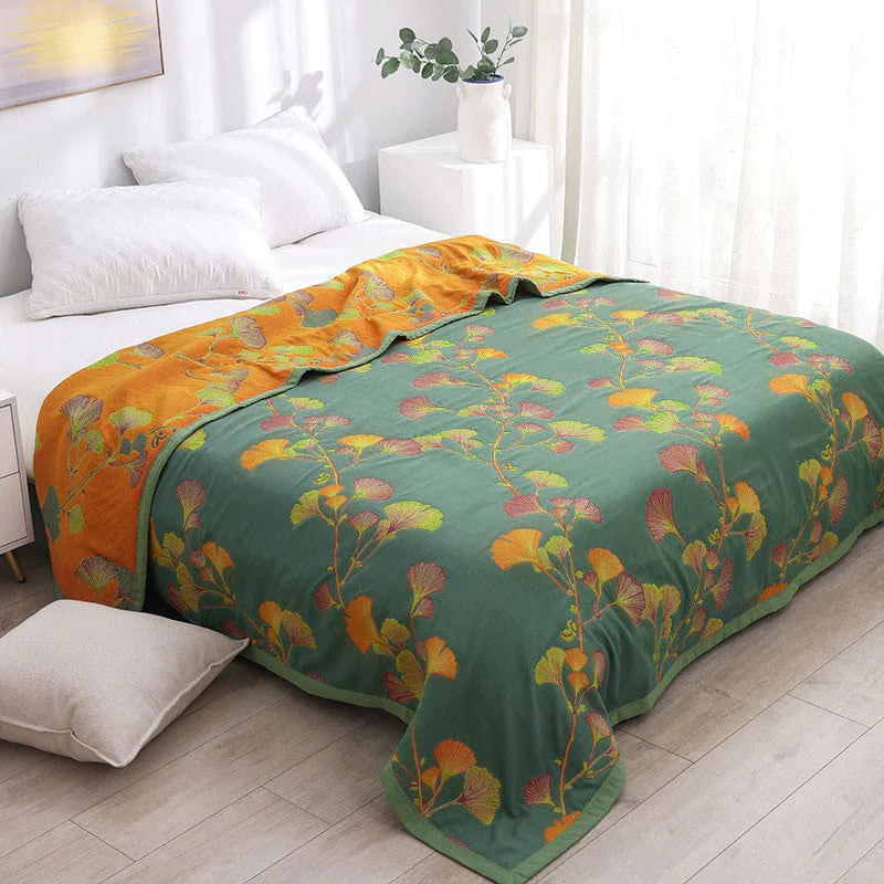 Ginkgonlehtikuvioinen jacquard-käännettävä päiväpeite, ympäristöystävällinen puuvillasekoitekangas | Fioriscas