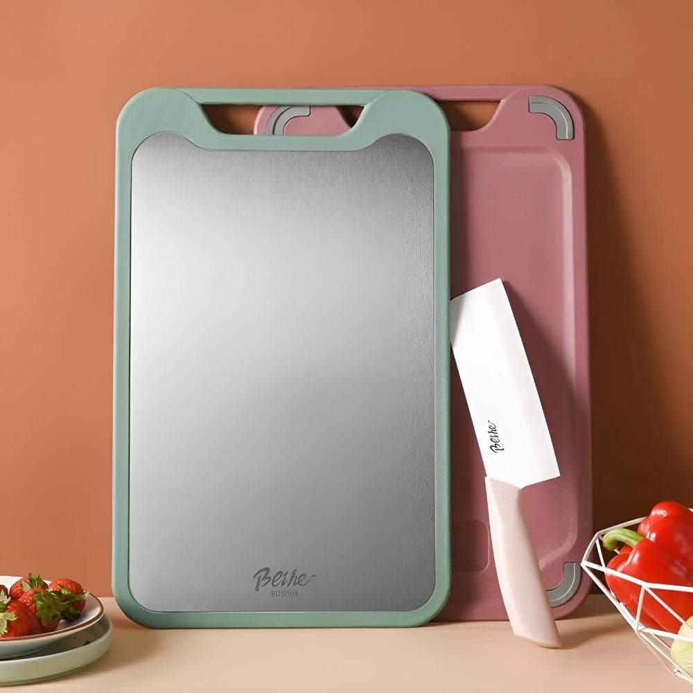 Dual-Sided Stainless Steel Cutting Board, Built-In Garlic Grinder