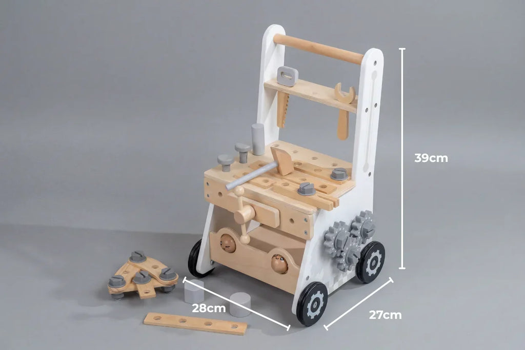 Trotteur pousseur pour bébé en bois avec établi, 2-en-1 | Fioriscas