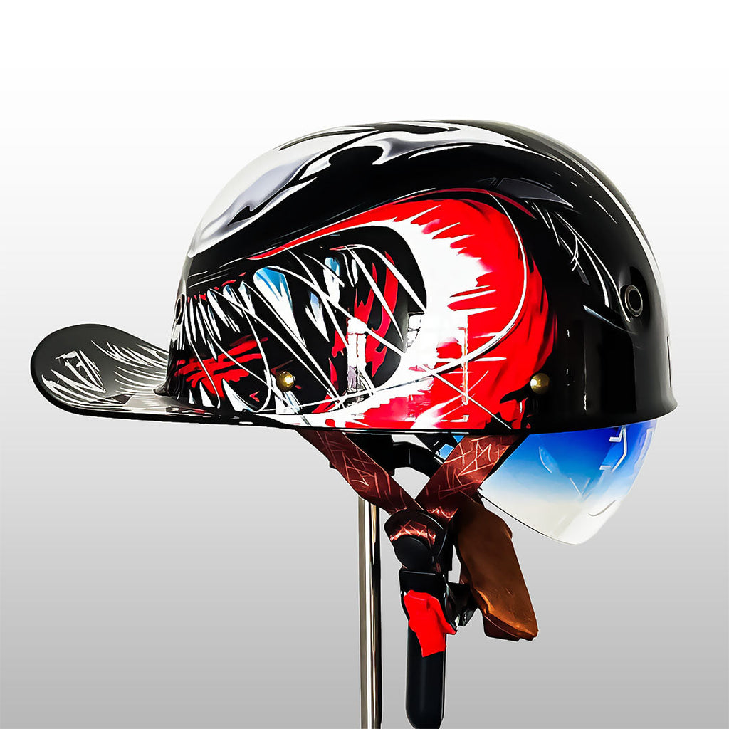 Půlhelma ve stylu baseballové čepice pro jízdu na motocyklu, s certifikací DOT a ECE