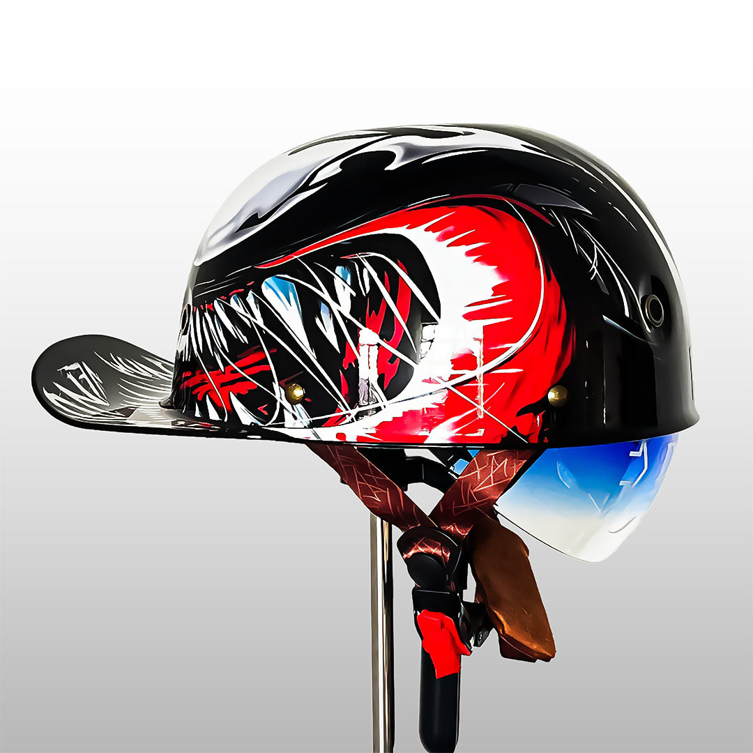 Půlhelma ve stylu baseballové čepice pro jízdu na motocyklu, s certifikací DOT a ECE