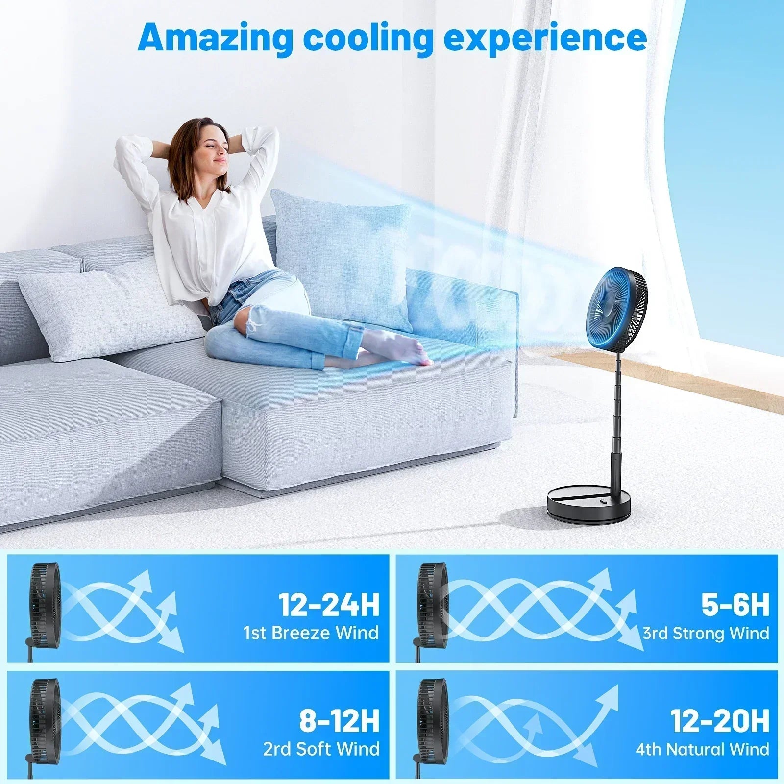 Portable Folding Floor Fan, 9-Inch Rechargeable With Remote Control