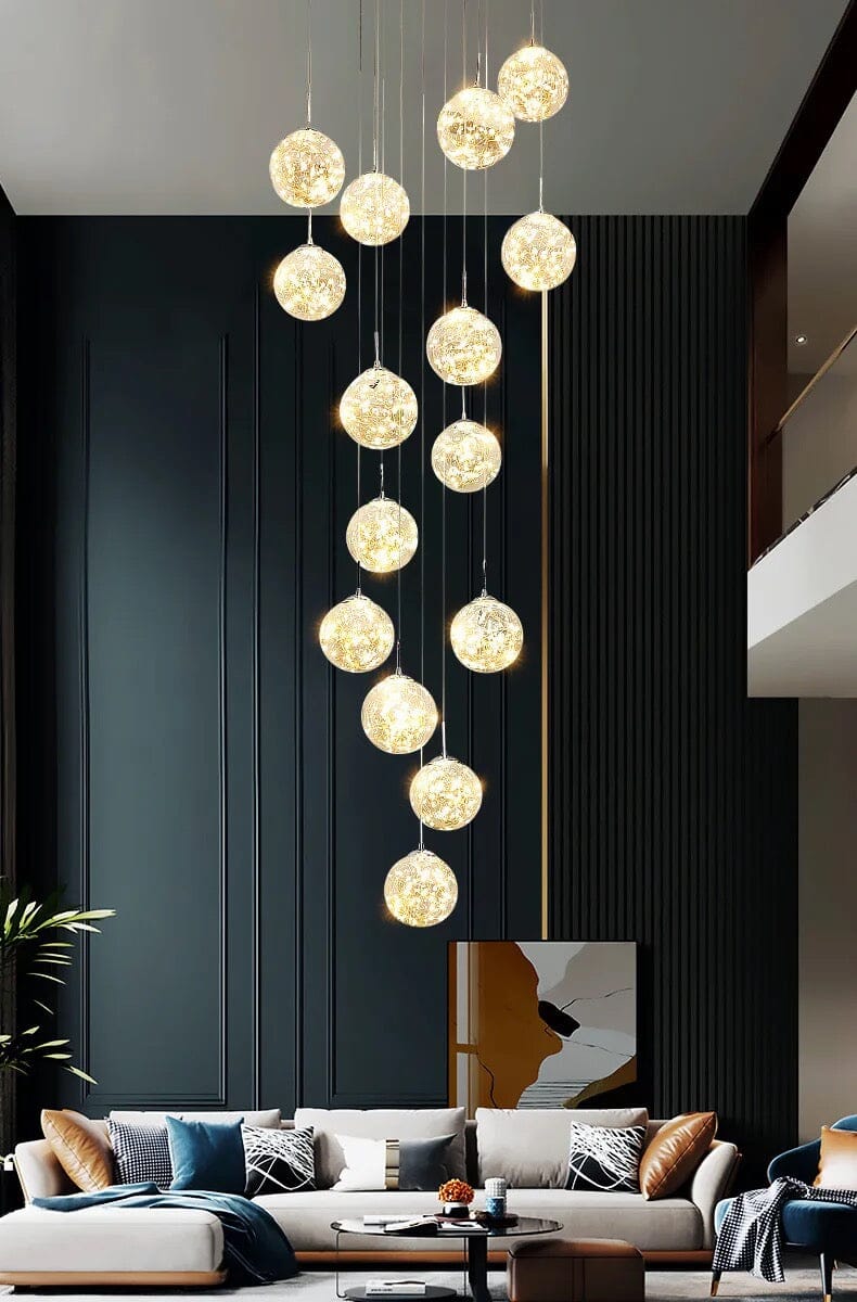 Glass Orb Staircase Chandelier, Brushed Stainless Frame, Cascading LED Design