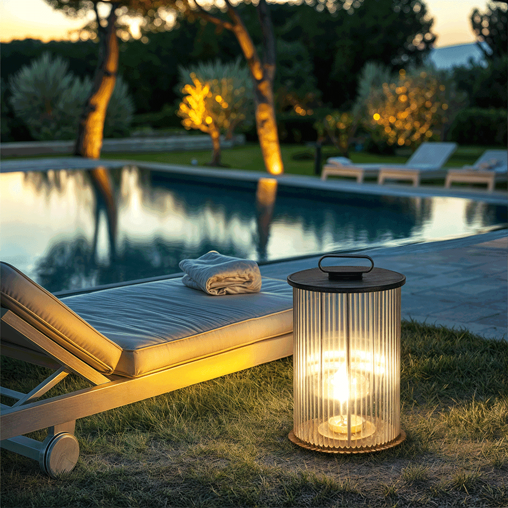 Marinell Ribbed-Glass Outdoor Lantern, Solar Or Electric, Waterproof