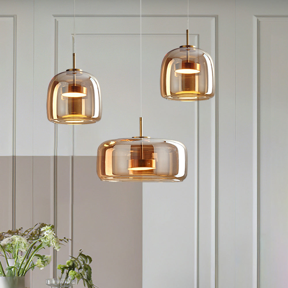 AuroraGold vintage-pendel lampe, gyldent metal, glasskærm, dæmpbar LED
