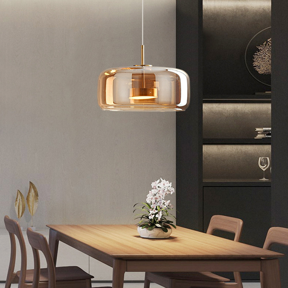 AuroraGold vintage-pendel lampe, gyldent metal, glasskærm, dæmpbar LED