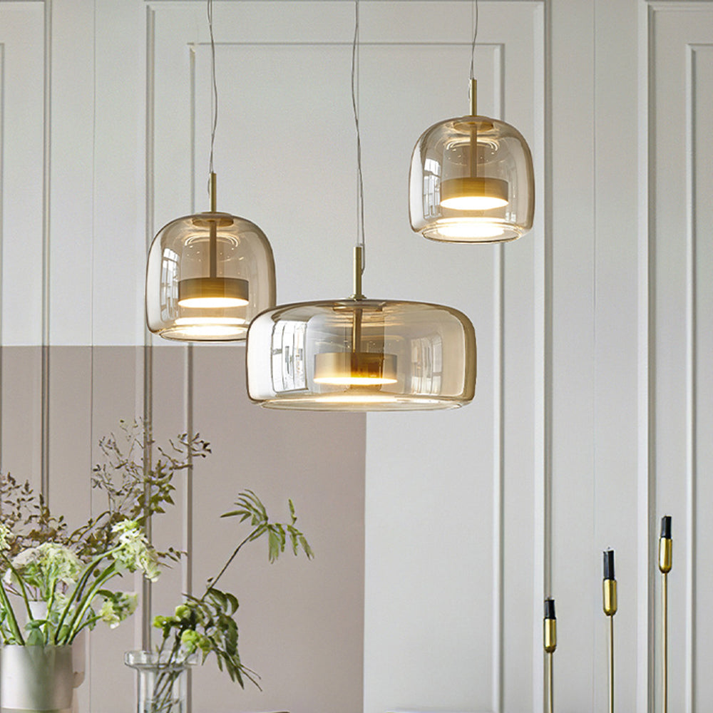 AuroraGold vintage-pendel lampe, gyldent metal, glasskærm, dæmpbar LED