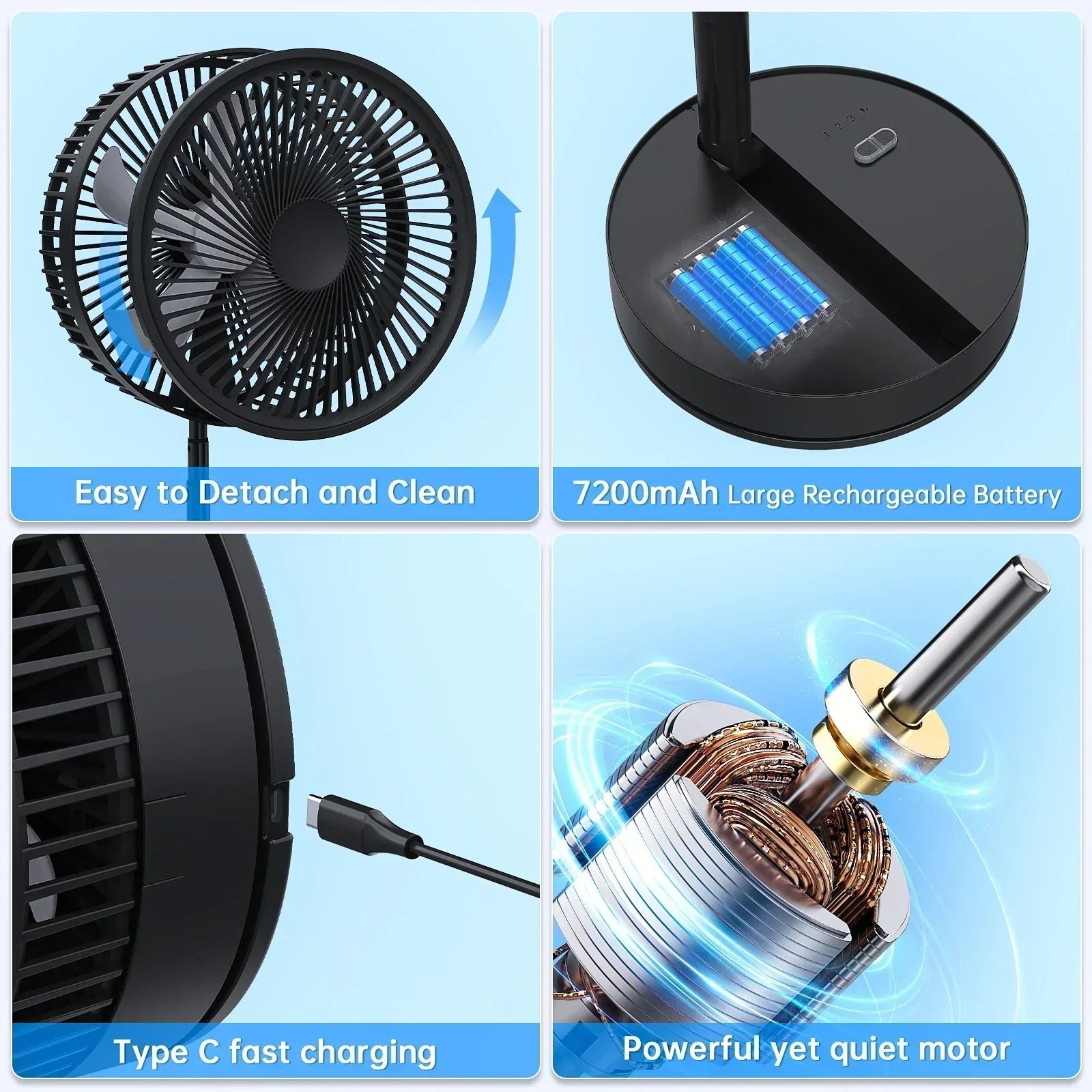 Portable Folding Floor Fan, 9-Inch Rechargeable With Remote Control