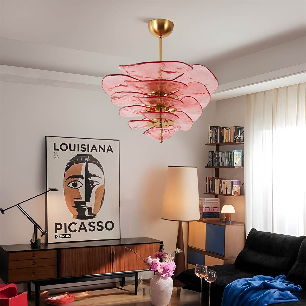 Elegantní smaragdový lustr Murano Petal se zlatými akcenty