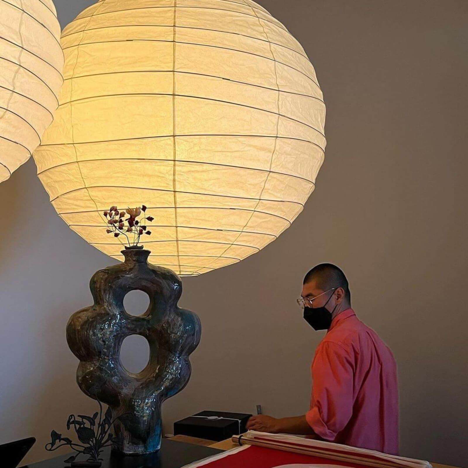 Handcrafted Japandi Washi Paper Pendant Light With Bamboo Silk Glow