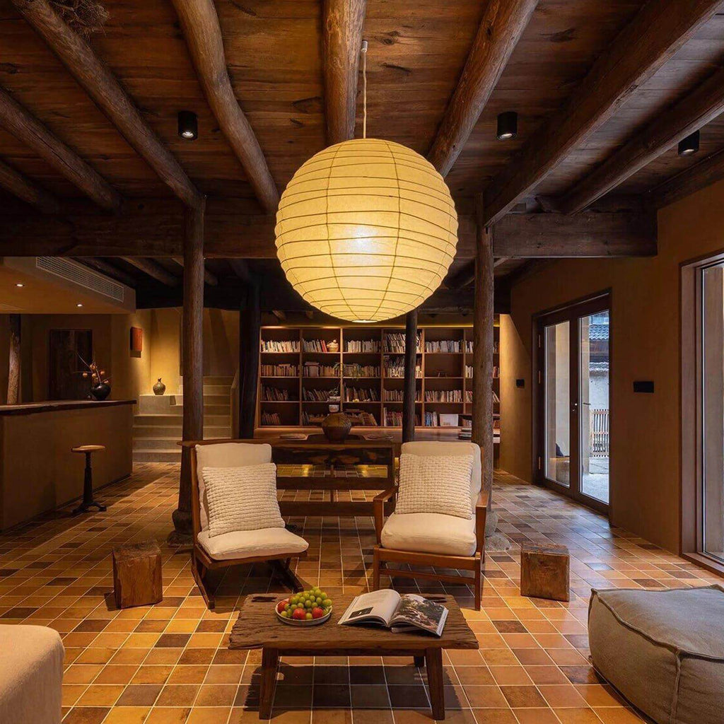 Handcrafted Japandi Washi Paper Pendant Light With Bamboo Silk Glow