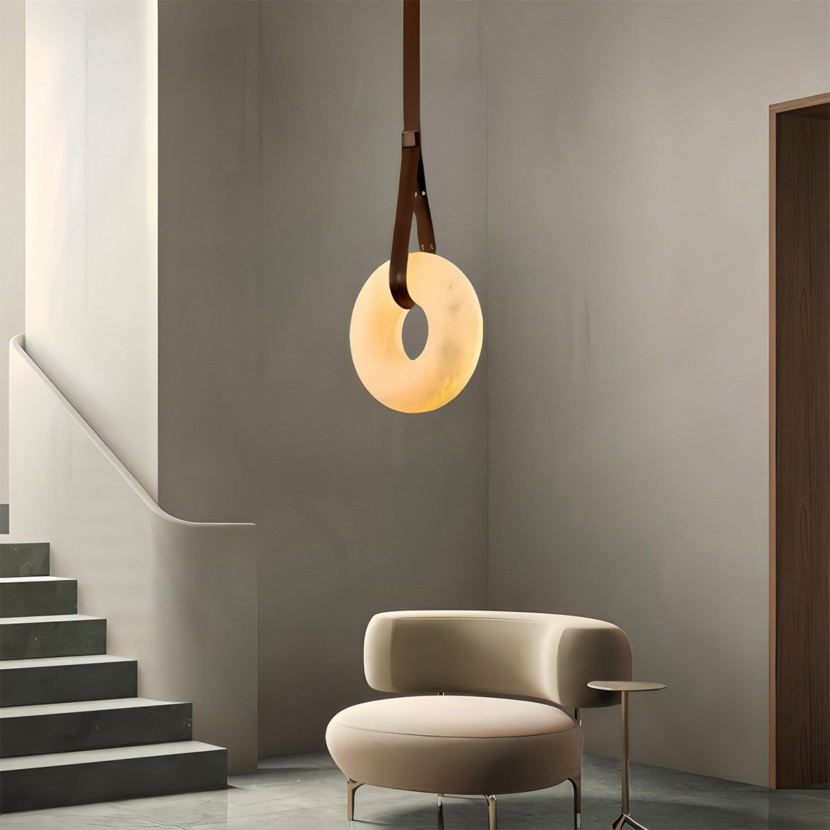 AuroraHalo Levitating Alabaster Pendant Light With Leather Straps