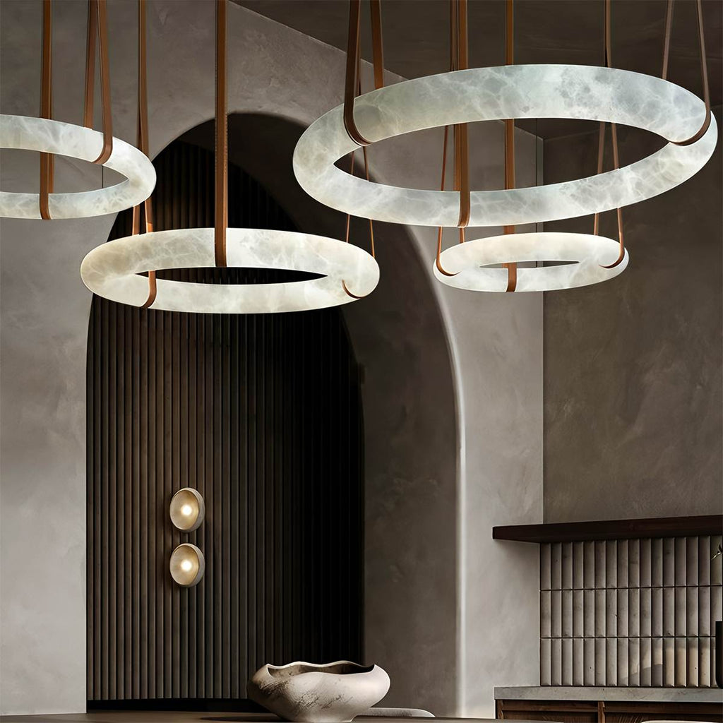 AuroraHalo Levitating Alabaster Pendant Light With Leather Straps