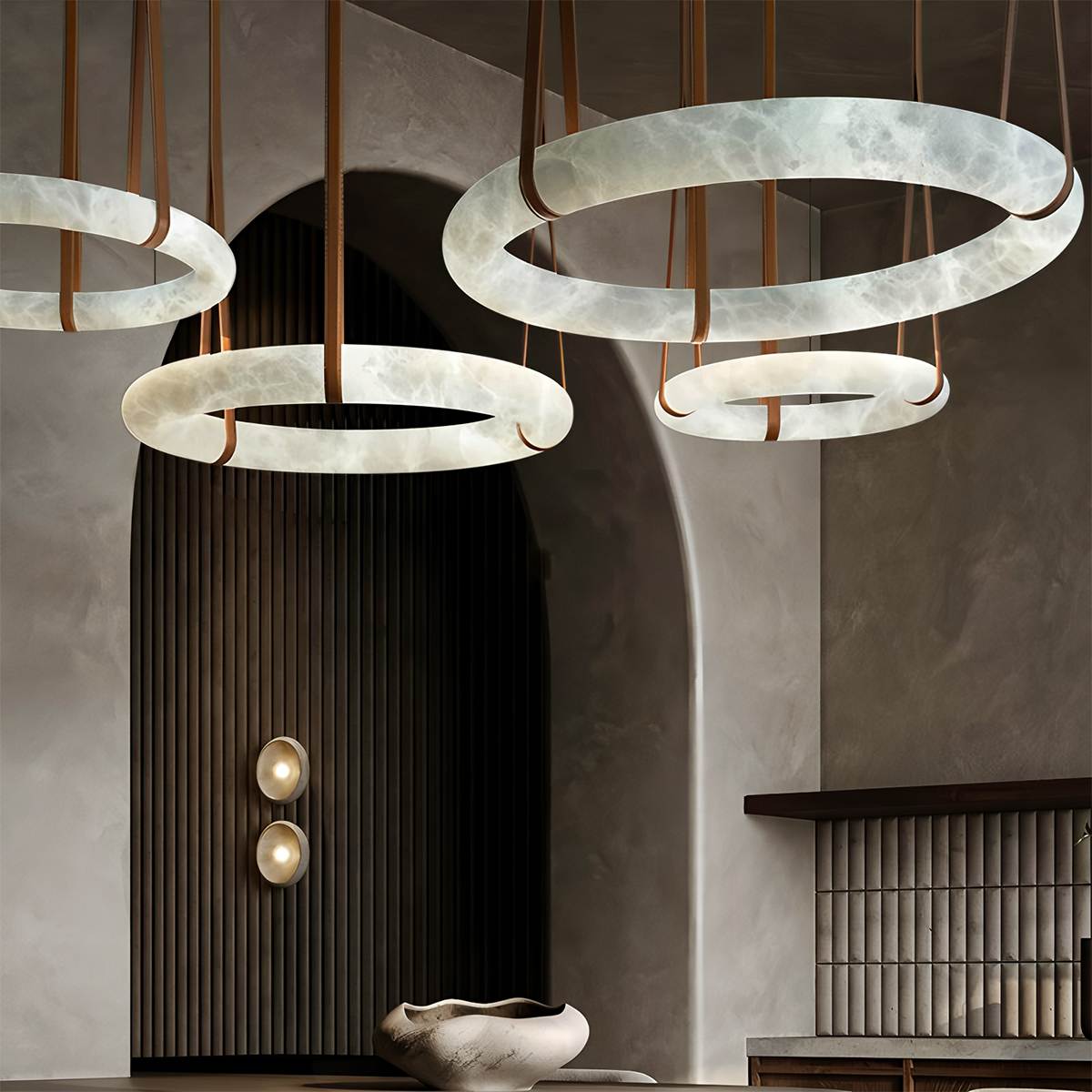 AuroraHalo Levitating Alabaster Pendant Light With Leather Straps