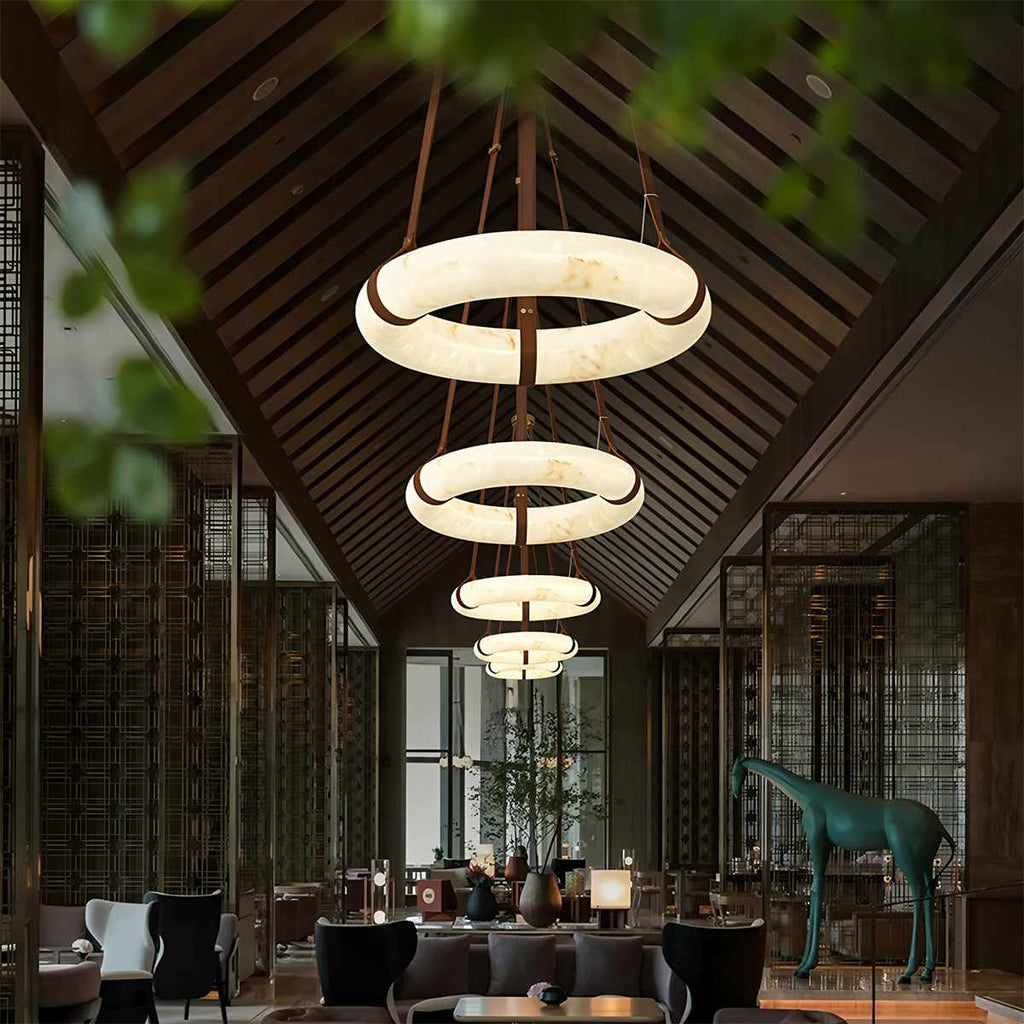 AuroraHalo Levitating Alabaster Pendant Light With Leather Straps