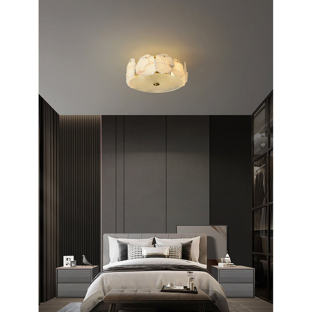 Lampada da soffitto sofisticata a disco piatto in vetro alabastro Zoruvys | Fioriscas