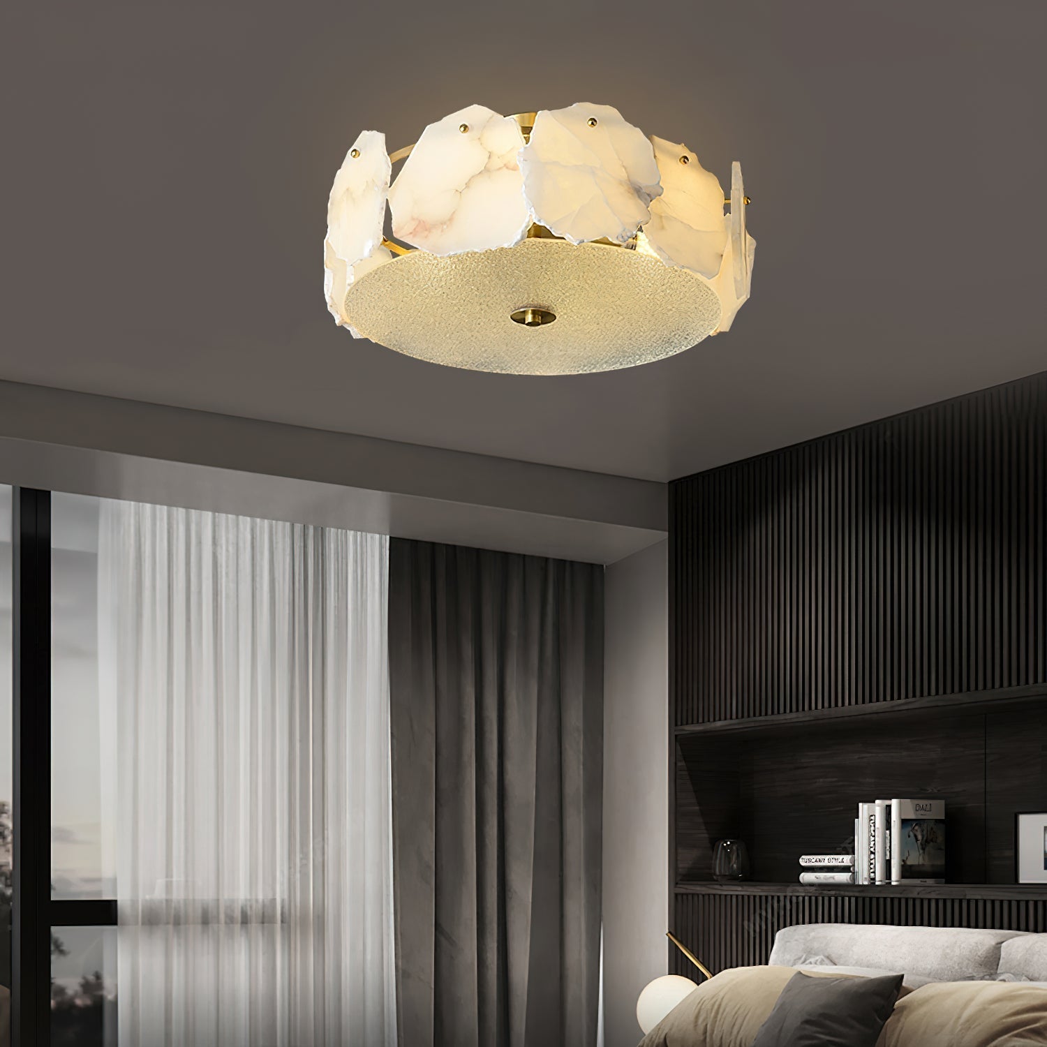 Lampada da soffitto sofisticata a disco piatto in vetro alabastro Zoruvys | Fioriscas