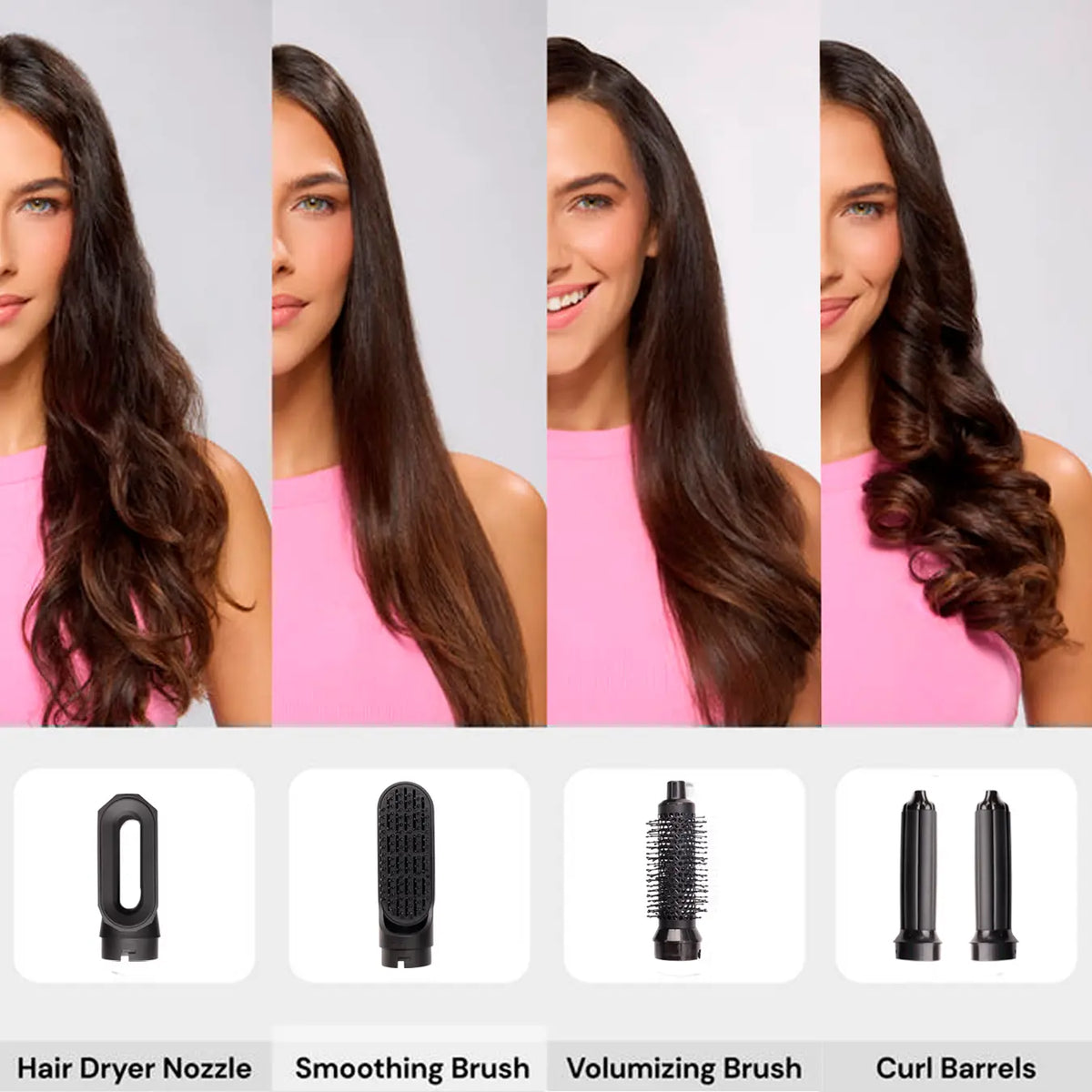 Secador-modelador de cabelo com cinco acessórios para secar, alisar, encaracolar e dar volume | Fioriscas