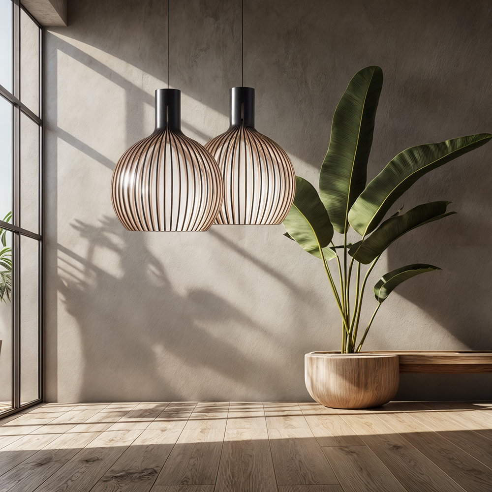 Nordhaven-bambuspendellampe med burdesign, justerbar ledning, 3 størrelser