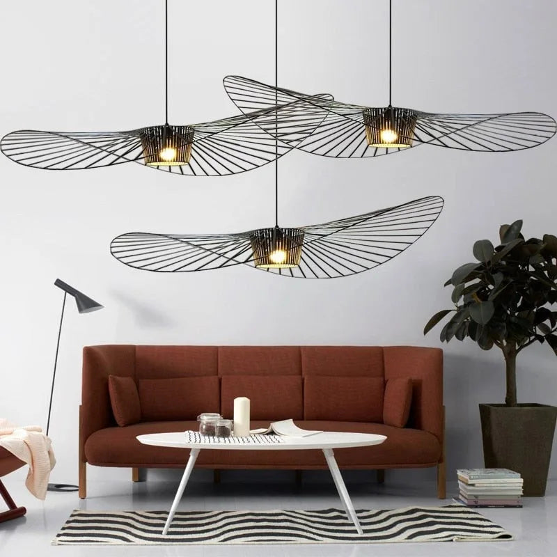 Aurelin Woven-Hat Ceiling Pendant Light, Matte Black, Brown & White