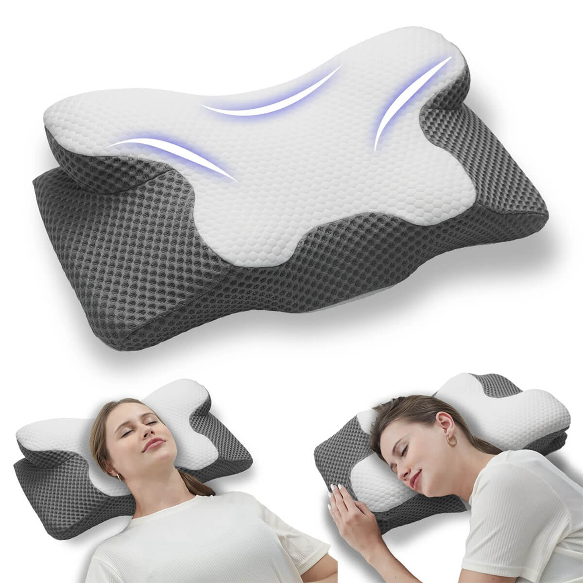 SomniCurve Kühlender Bezug Memory-Foam-Nackenkissen mit Kontur und zwei Höhen