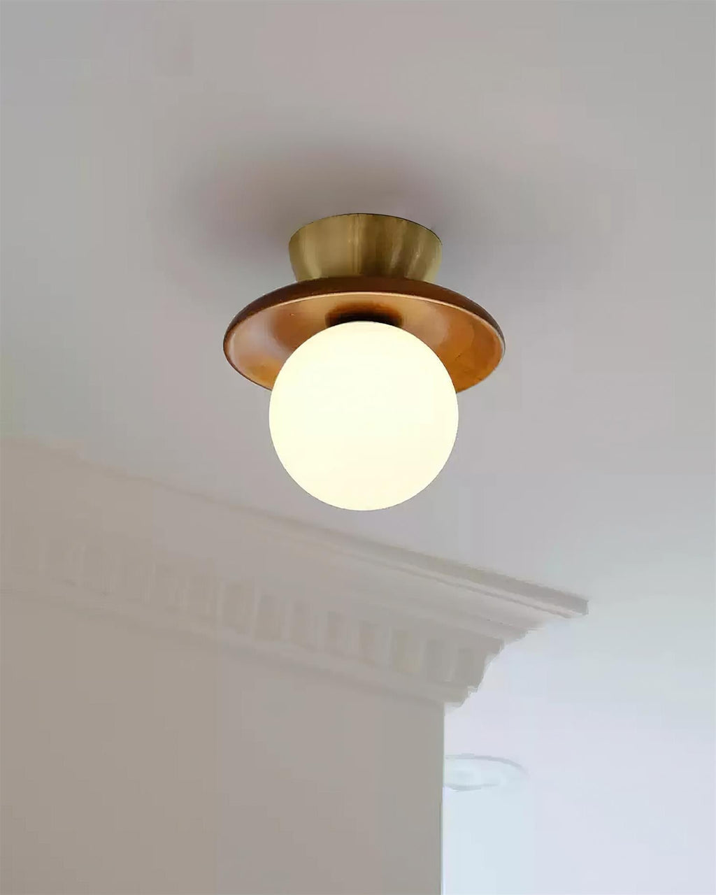 Loftlampe Globus Opalglas Moderne Messing Valnød Accents Flush Mount | Fioriscas