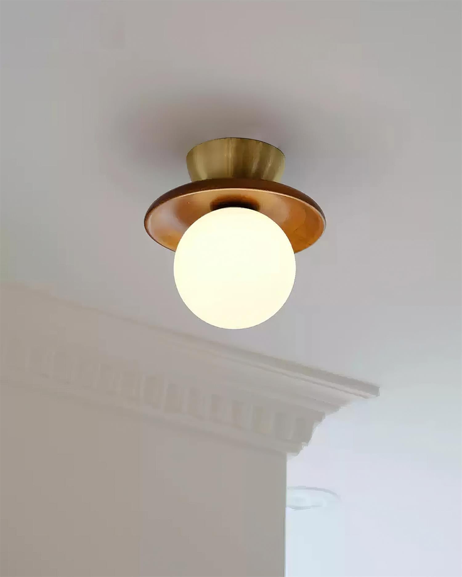 Loftlampe Globus Opalglas Moderne Messing Valnød Accents Flush Mount | Fioriscas