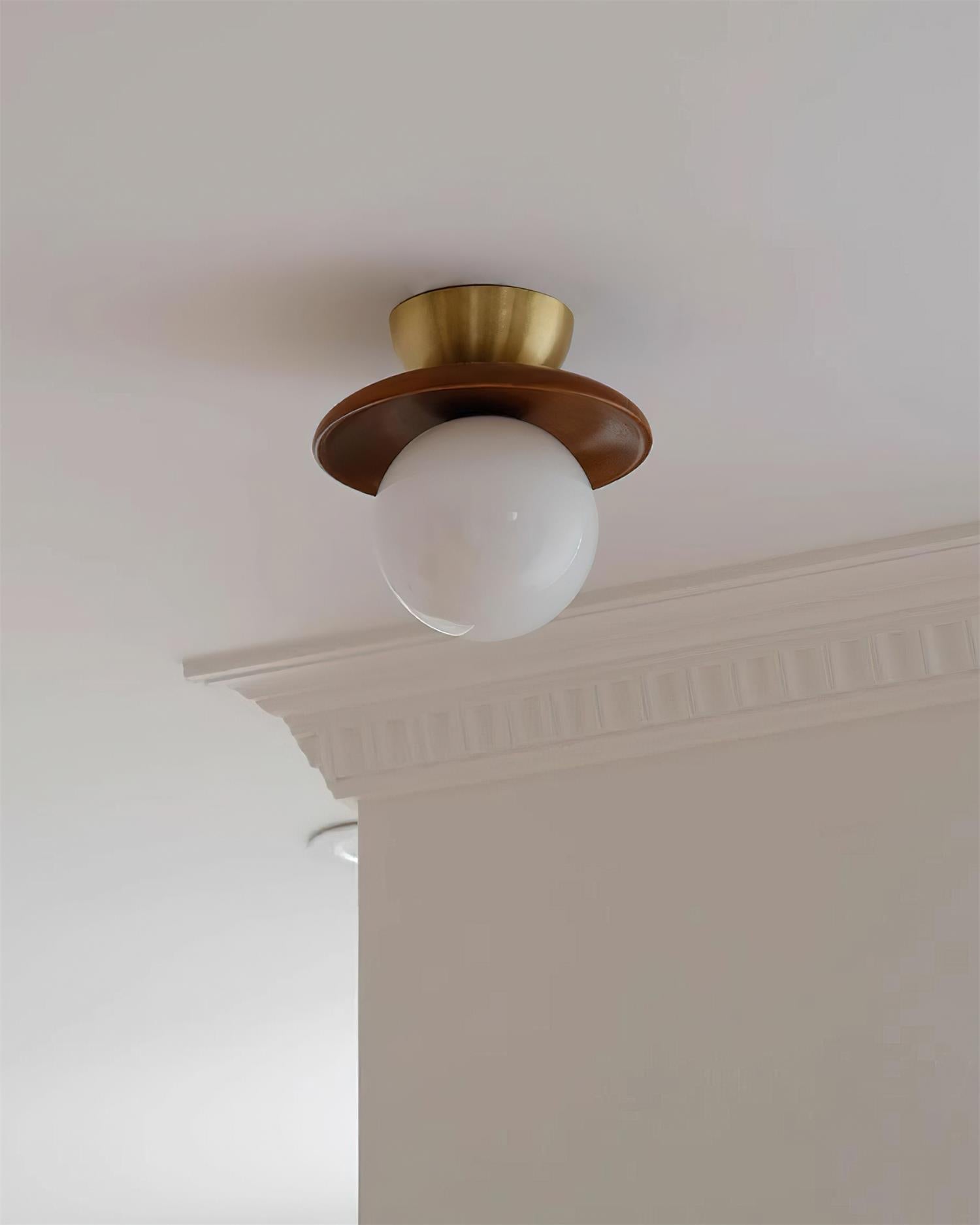 Loftlampe Globus Opalglas Moderne Messing Valnød Accents Flush Mount | Fioriscas