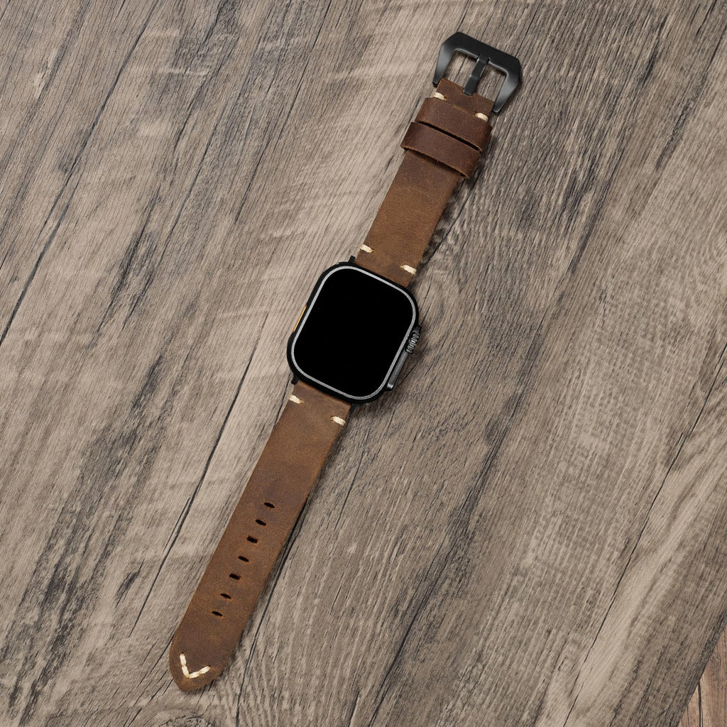 Marlowe Leather Apple Watch Band, Vintage Patina Style, Hand-Stitched
