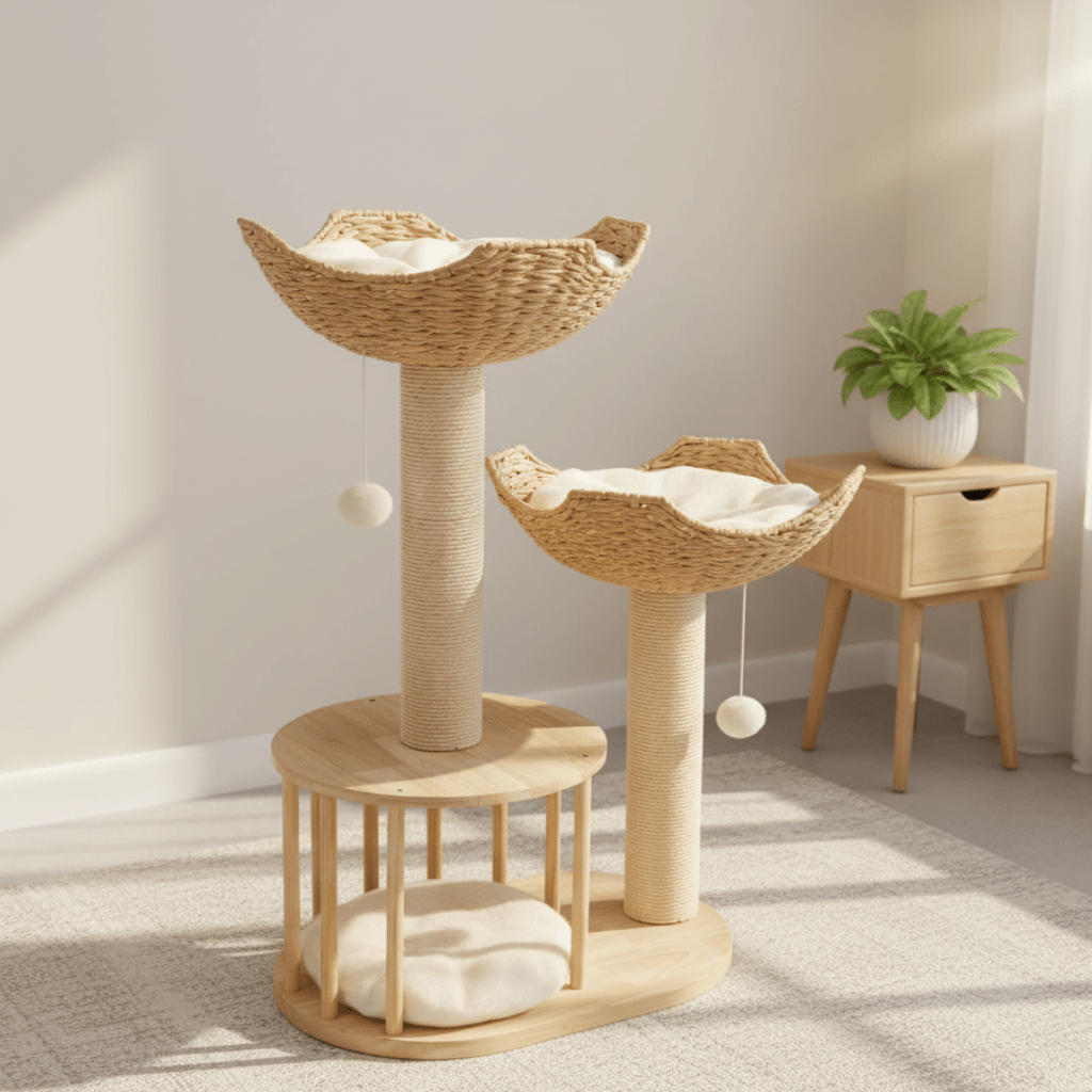 Three-level plush cat tree with sturdy sisal scratching posts - Fioriscas