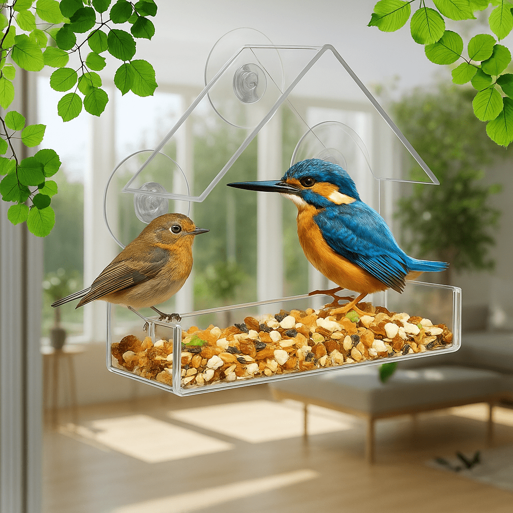 Vogelvoederhuisje met doorzichtig raam en zuignappen - Fioriscas