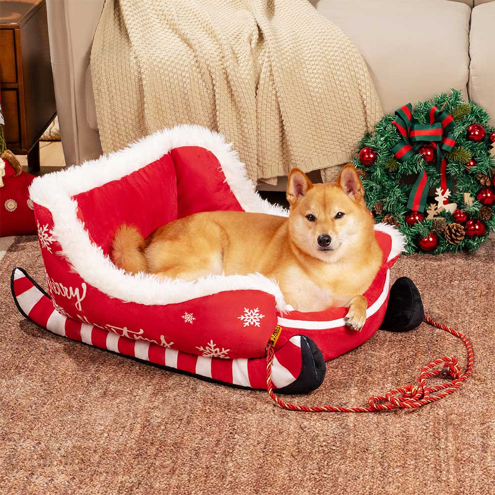 Lit pour chien en forme de traîneau de Noël, en velours cristal moelleux avec dessous antidérapant - Fioriscas