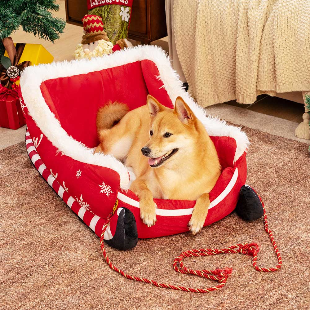 Lit pour chien en forme de traîneau de Noël, en velours cristal moelleux avec dessous antidérapant - Fioriscas