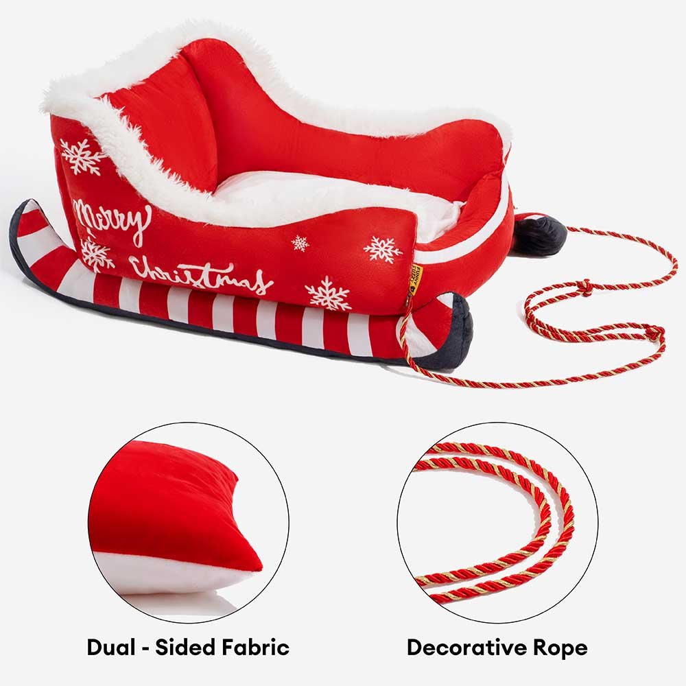Lit pour chien en forme de traîneau de Noël, en velours cristal moelleux avec dessous antidérapant - Fioriscas