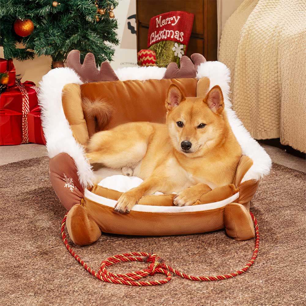 Lit pour chien en forme de traîneau de Noël, en velours cristal moelleux avec dessous antidérapant - Fioriscas