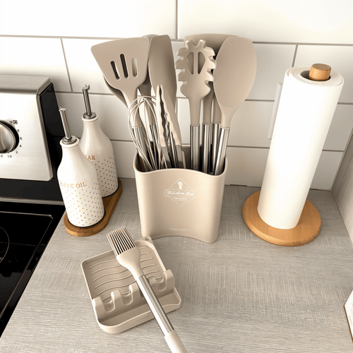 Juego de 12 utensilios de cocina de silicona con mangos de acero inoxidable para cocinar sin esfuerzo - Fioriscas