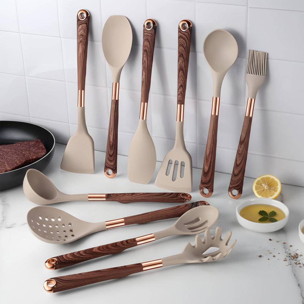 Elegant silikonredskapset med handtag i trädesign - Fioriscas
