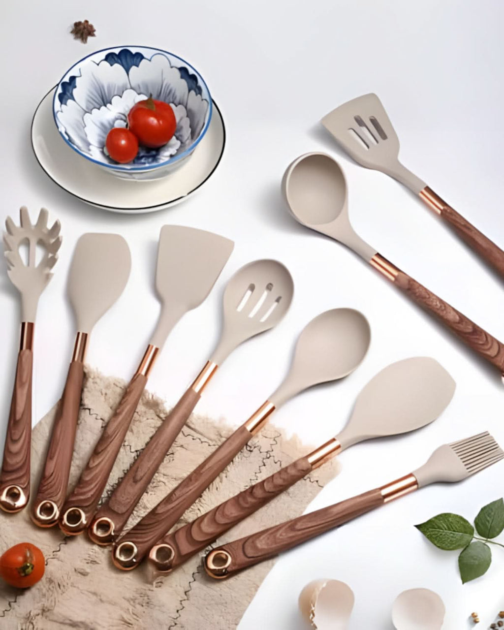 Elegant silikonredskapset med handtag i trädesign - Fioriscas